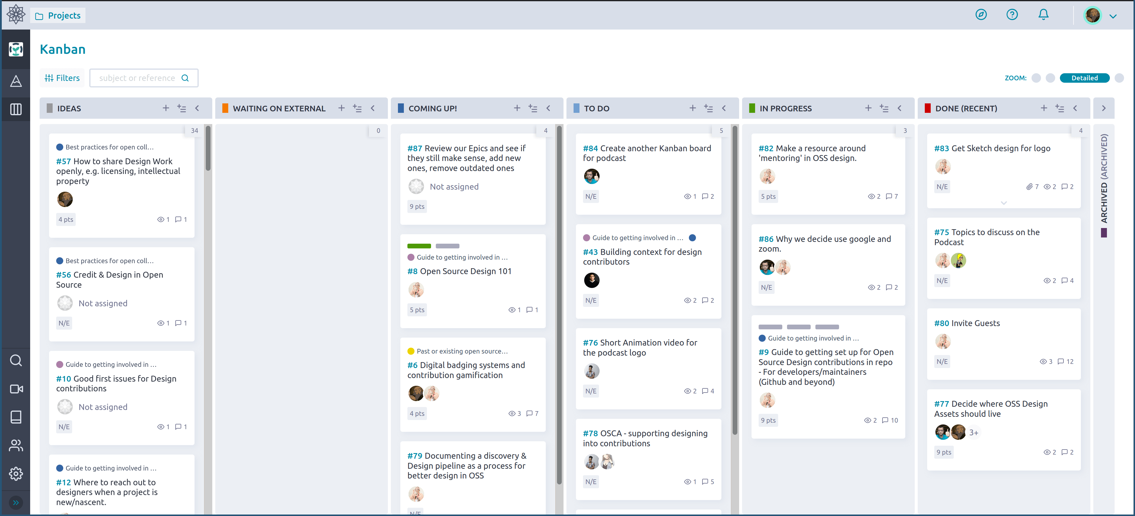 Taiga.io project board screenshot. Used in the Sustain OSS Design & UX Working Group